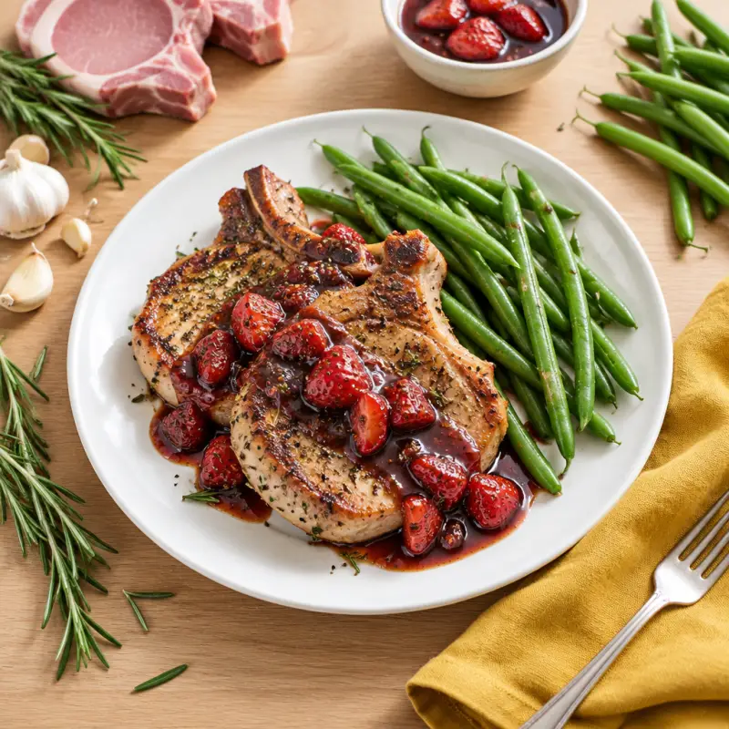 Rosemary Pork Chops with Balsamic-Strawberry Sauce & Green Beans, plated