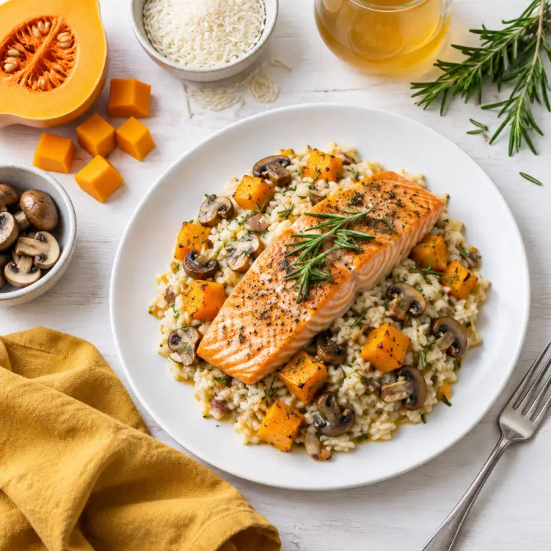 Rosemary Salmon, Butternut Squash & Creamy Portobello Mushroom Rice, plated