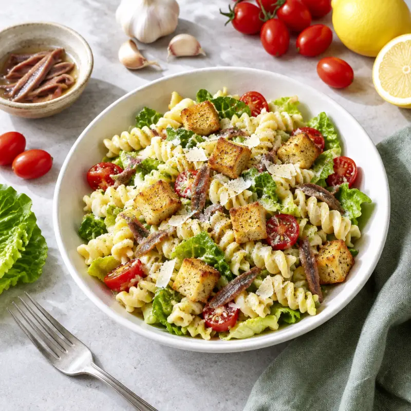 Rotini Caesar Salad with Homemade Garlic Croutons, plated