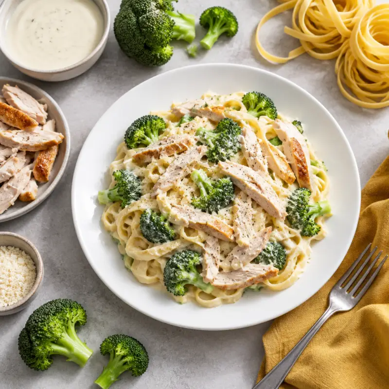 Rotisserie Chicken & Broccoli Fettuccine Alfredo, plated