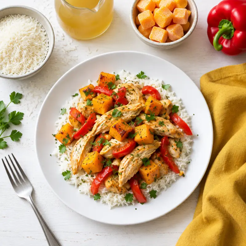 Rotisserie Chicken, Butternut Squash & Bell Pepper Stir-Fry with Rice, plated