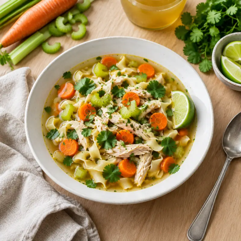 Rotisserie Chicken Noodle Soup with Vegetables, Cilantro & Lime, plated