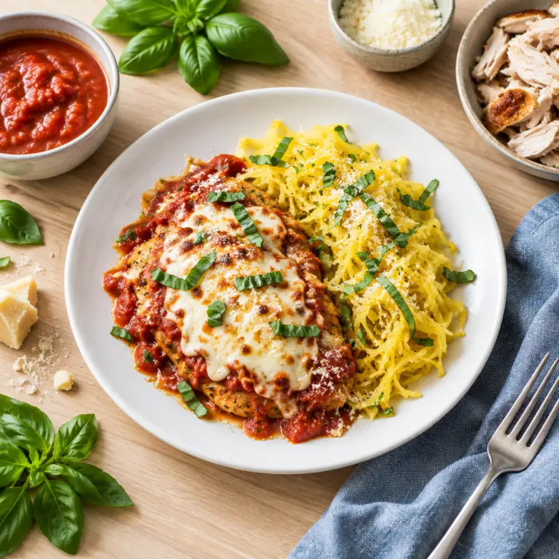 Rotisserie "Chicken Parmesan" with Spaghetti Squash & Basil, plated