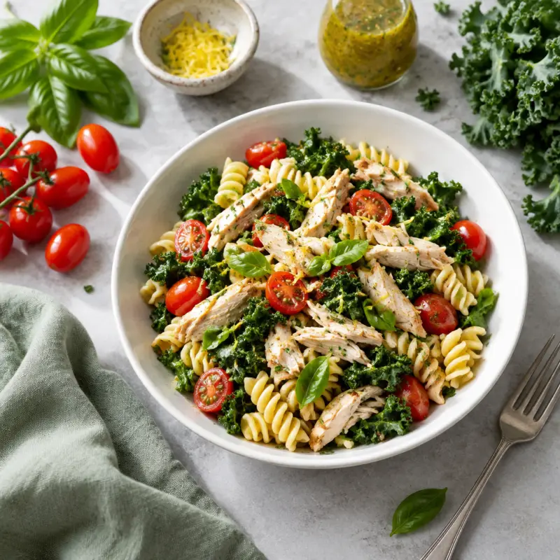 Rotisserie Chicken Pasta with Kale, Tomato, Lemon & Italian Dressing, plated