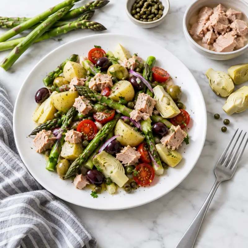 "Salade Niçoise" with Tuna, Potato, Asparagus, Artichokes & Olives, plated