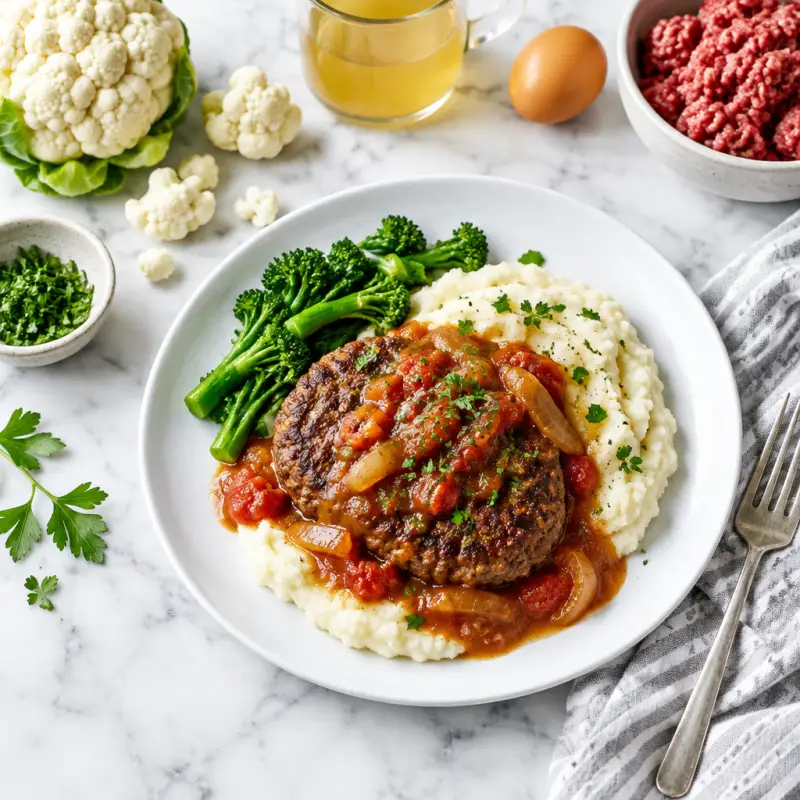 Salisbury Steak with Cauliflower Mash & Tomato-Onion Gravy, plated