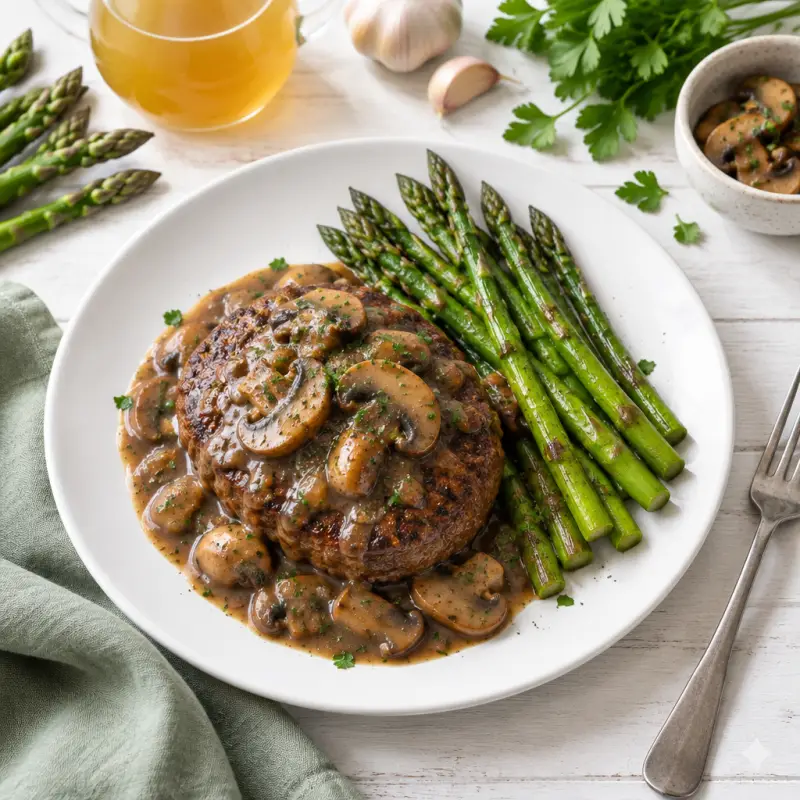 Salisbury Steak & Mushroom Gravy with Asparagus, plated