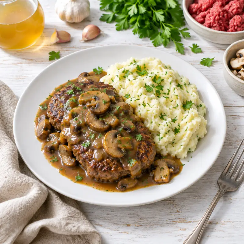 Salisbury Steak with Mushroom Gravy & Parsley Mashed Potatoes, plated