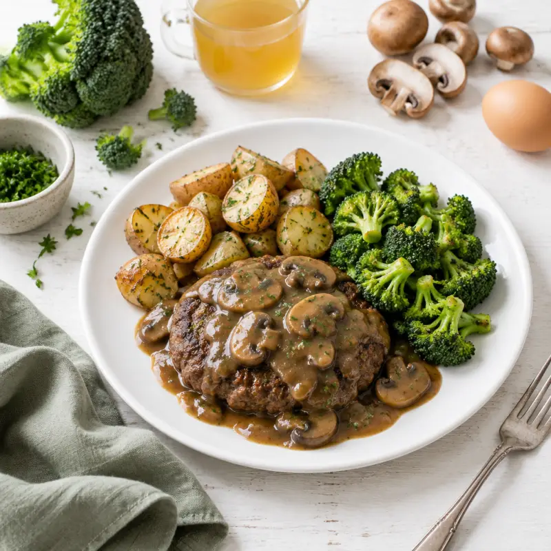 Salisbury Steak with Mushroom Gravy, Roasted New Potatoes & Broccoli, plated
