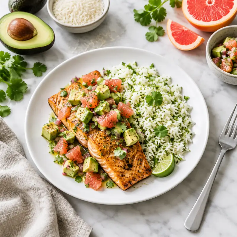 Salmon & Avocado-Grapefruit Salsa with Lime Cilantro Rice Pilaf, plated