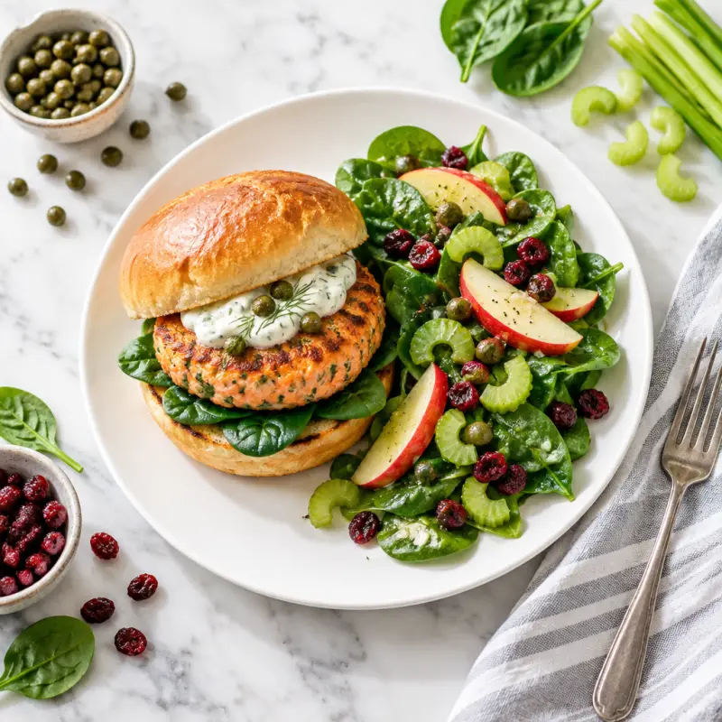 Salmon Burger with Dill, Caper Aioli & Spinach-Apple Salad, plated