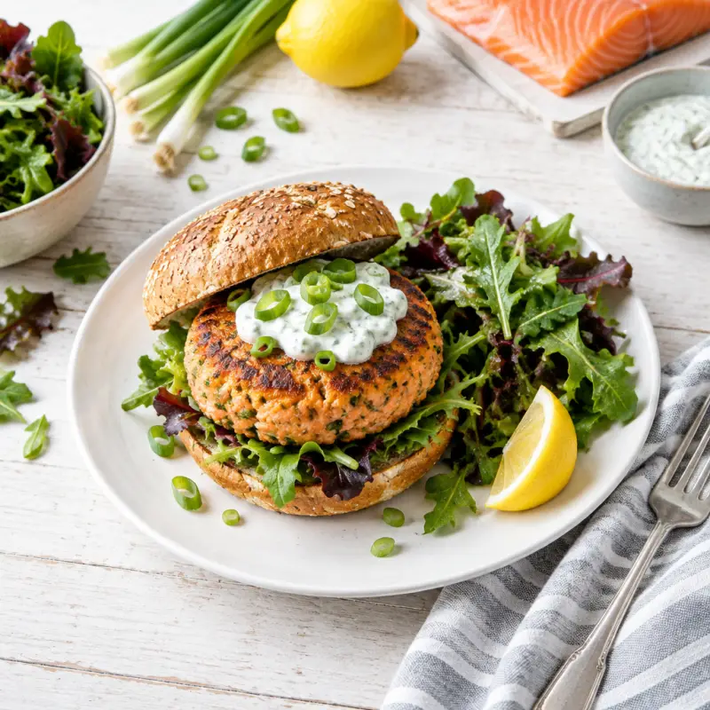 Salmon Burgers with Mixed Greens, plated