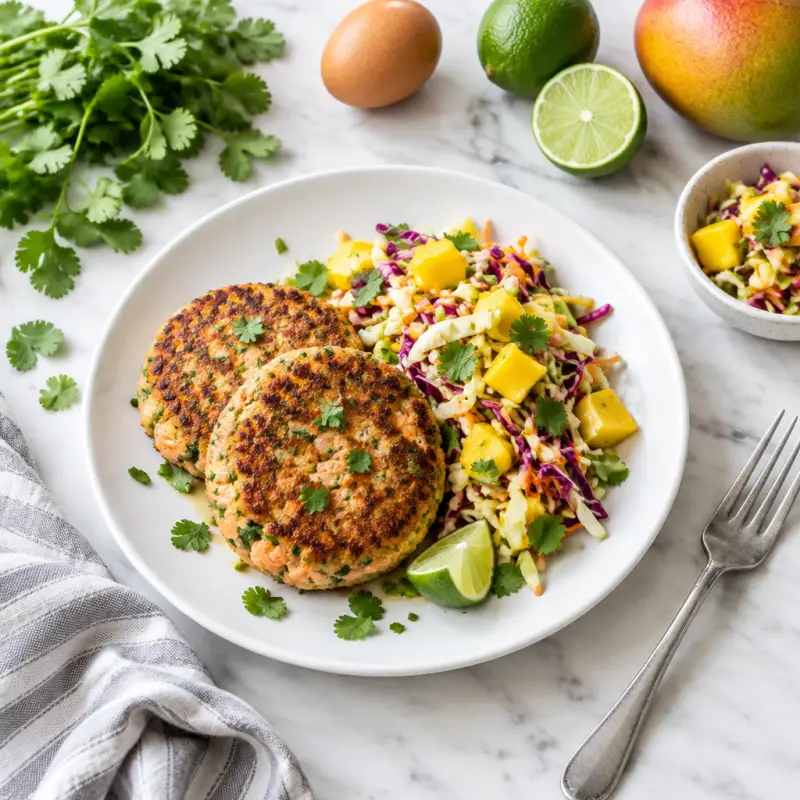 Salmon Cakes with Mango Cabbage Slaw, plated