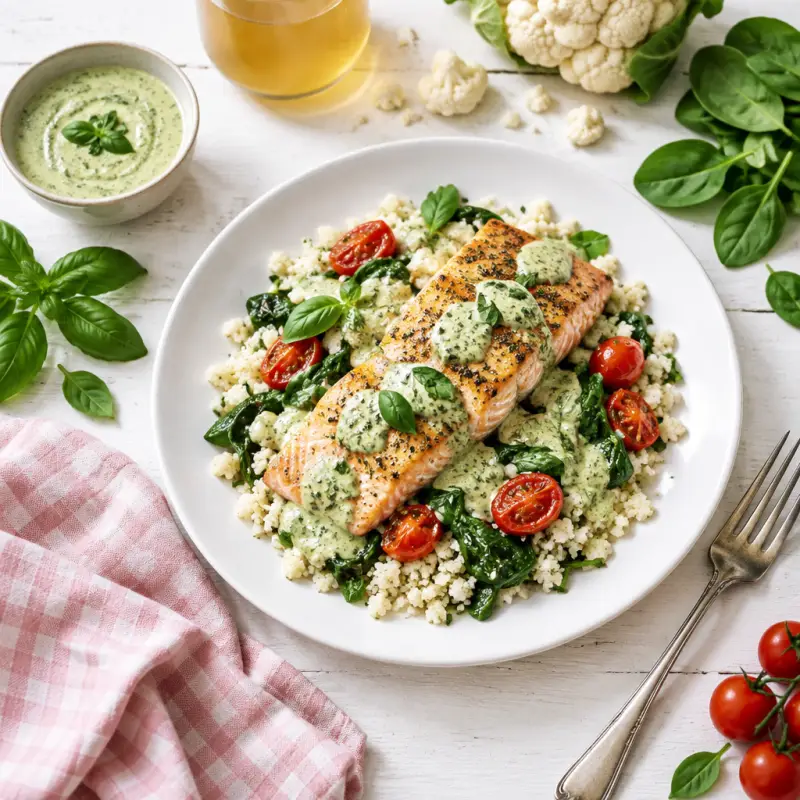 Salmon with Cauliflower Rice, Spinach, Tomatoes & Creamy Basil Sauce, plated