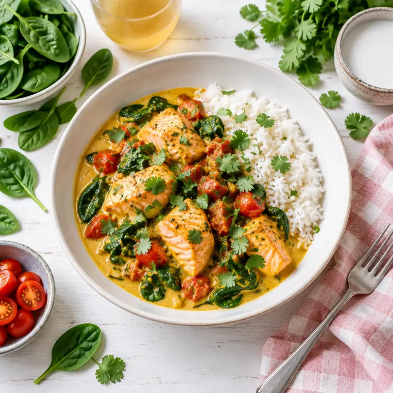 Salmon Coconut Curry with Spinach, Tomatoes, Cilantro & Rice, plated