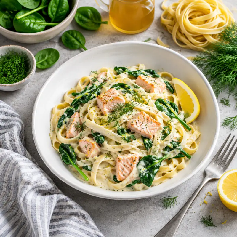 Salmon Fettuccine Alfredo with Spinach, Lemon & Dill, plated