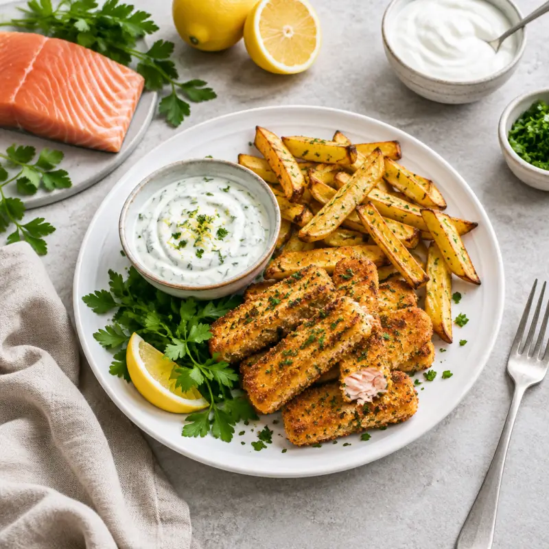 Salmon Fish Fingers with Oven-Baked Fries & Zesty Yogurt Sauce, plated