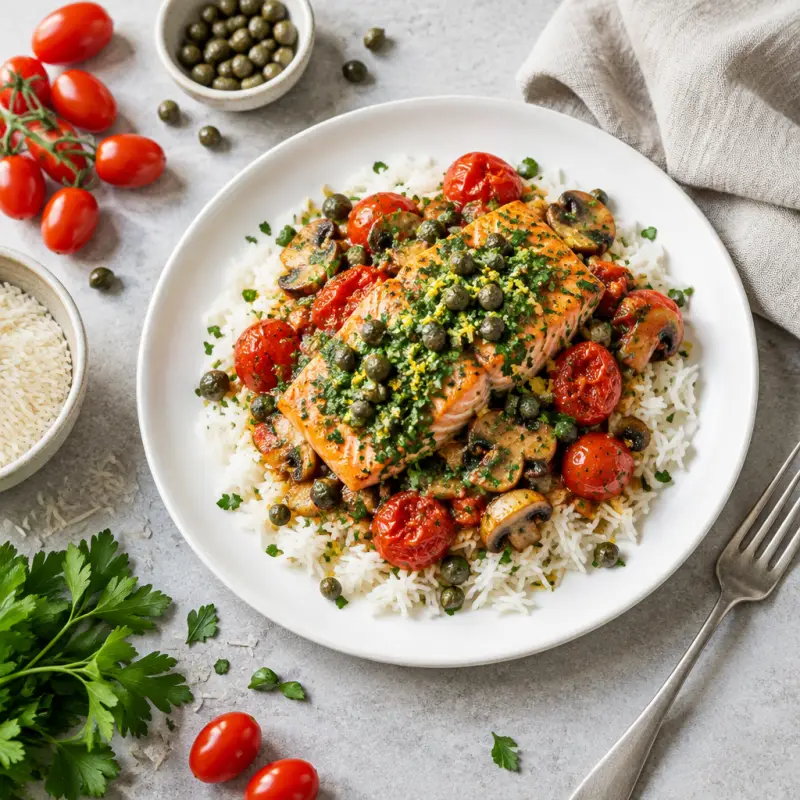 Salmon, Mushroom & Tomato Bake with Caper-Parsley Gremolata over Rice, plated