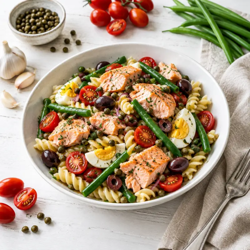 Salmon Nicoise Pasta Salad with Kalamata Olive-Caper Vinaigrette, plated