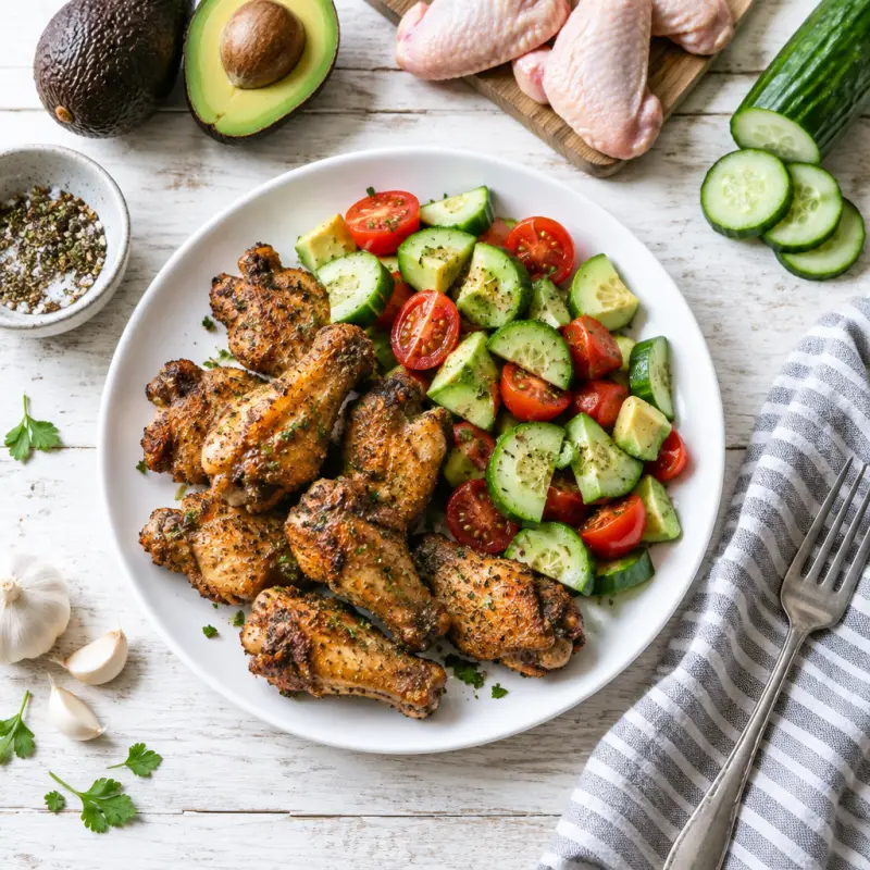 Salt & Pepper Chicken Wings with Cucumber, Tomato & Avocado Salad, plated