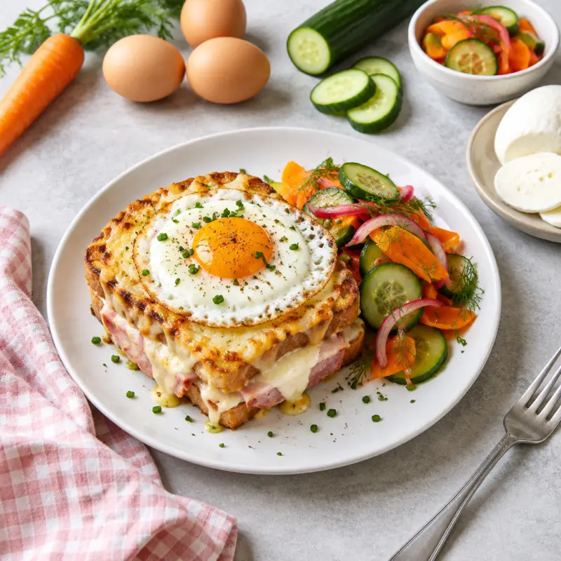 Saucy Grilled Ham & Cheese "Croque Madame" with Pickled Veggies, plated