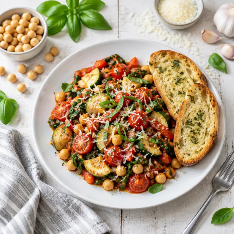Saucy Italian Veggie-Chickpea Skillet with Basil & Garlic Toast, plated
