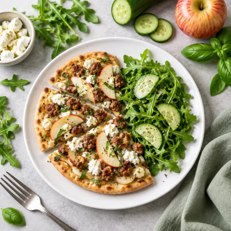 Sausage, Apple & Goat Cheese Pita Pizza with Arugula-Cucumber Salad, plated