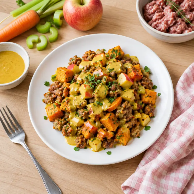 Sausage, Apple & Sweet Potato Stuffing Bowl with Sweet Curry Sauce, plated