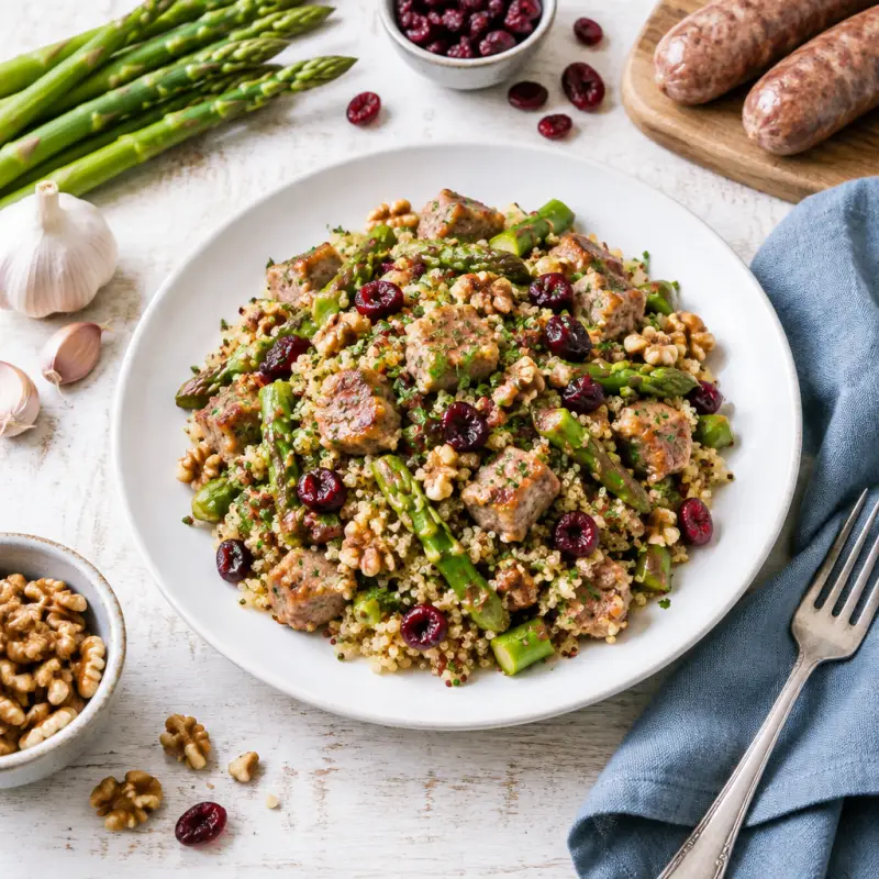 Sausage, Asparagus & Walnut Quinoa Pilaf with Cranberries, plated