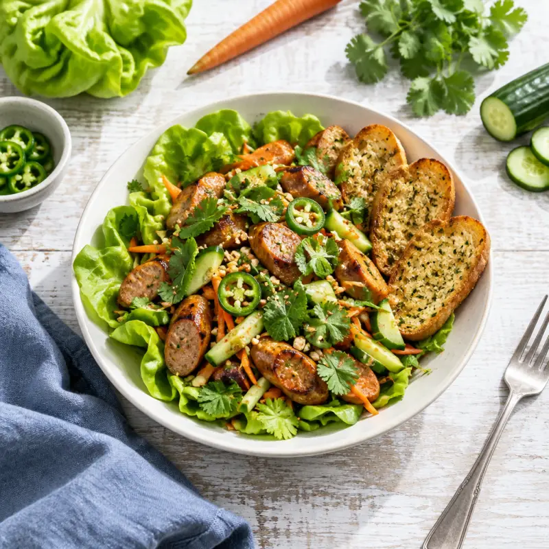 Sausage Banh Mi Salad with Jalapeños, Herbs & Garlic Crostini, plated