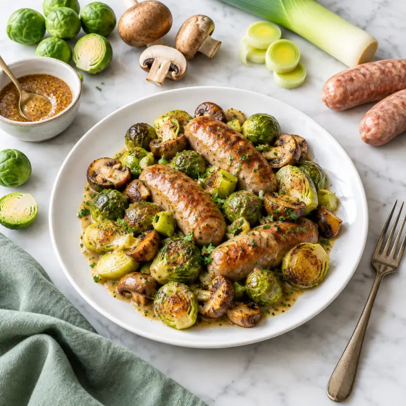 Sausage, Brussels Sprout, Mushroom & Leek Bake with Honey-Dijon Sauce, plated