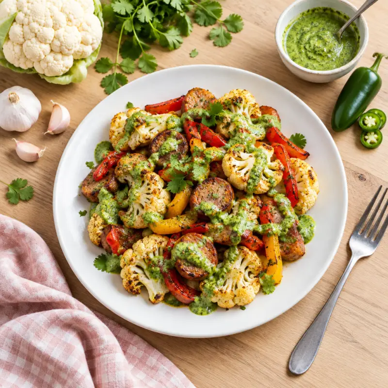 Sausage, Cauliflower & Pepper Bowl with Cilantro-Jalapeño Sauce, plated