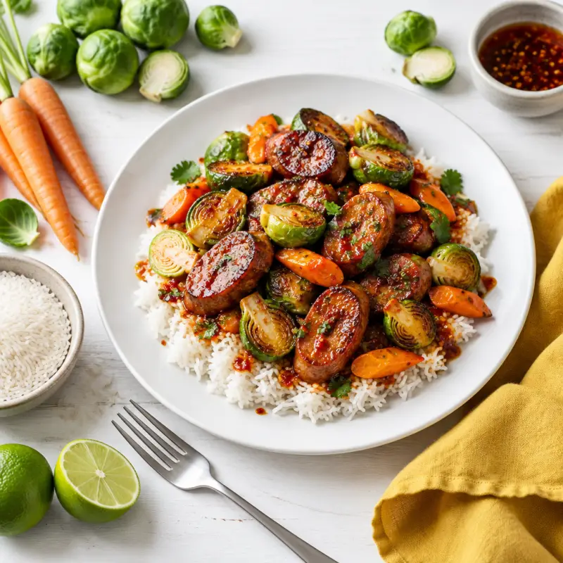 Sausage with Honey-Chili Glazed Brussels Sprouts & Carrots over Rice, plated