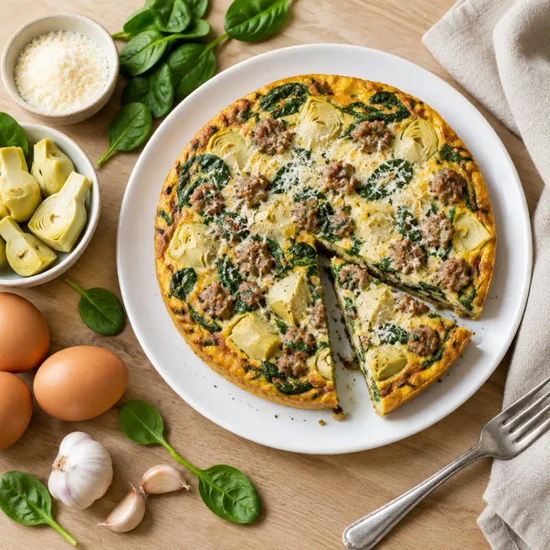 Sausage, Spinach & Artichoke Frittata with Parmesan, plated