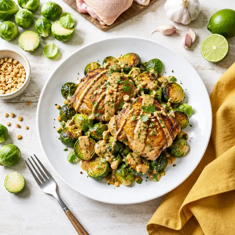 Sautéed Chicken Thighs with Brussels Sprouts & Peanut Sauce, plated