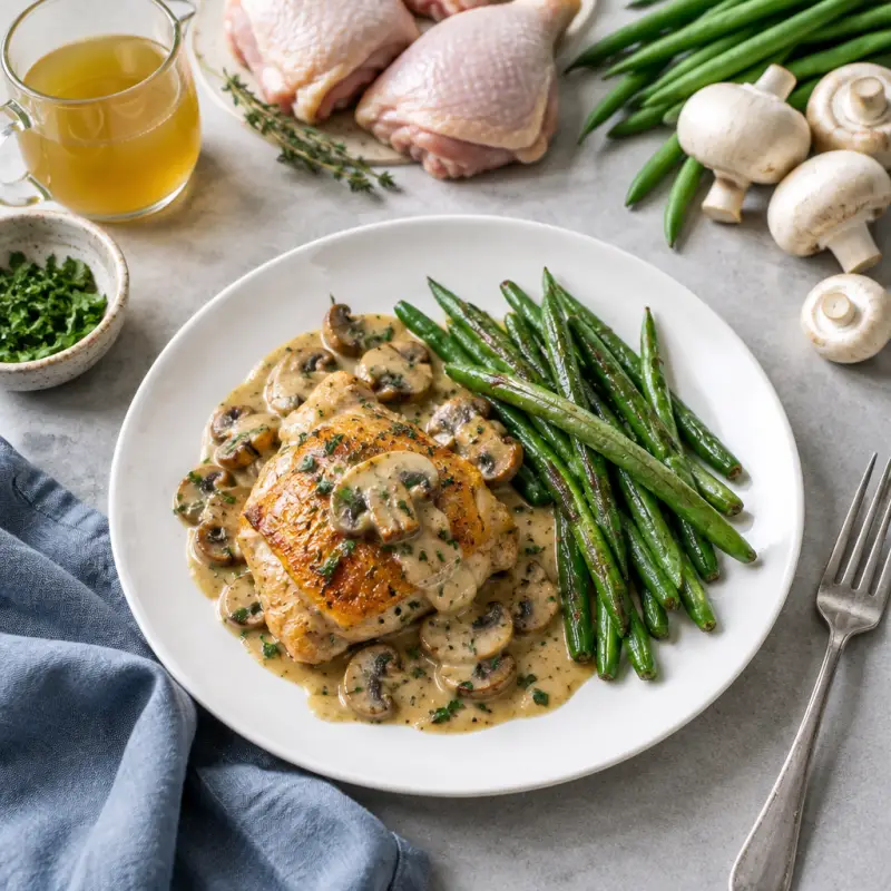 Sautéed Chicken Thighs with Mushroom Sauce & Roasted Green Beans, plated