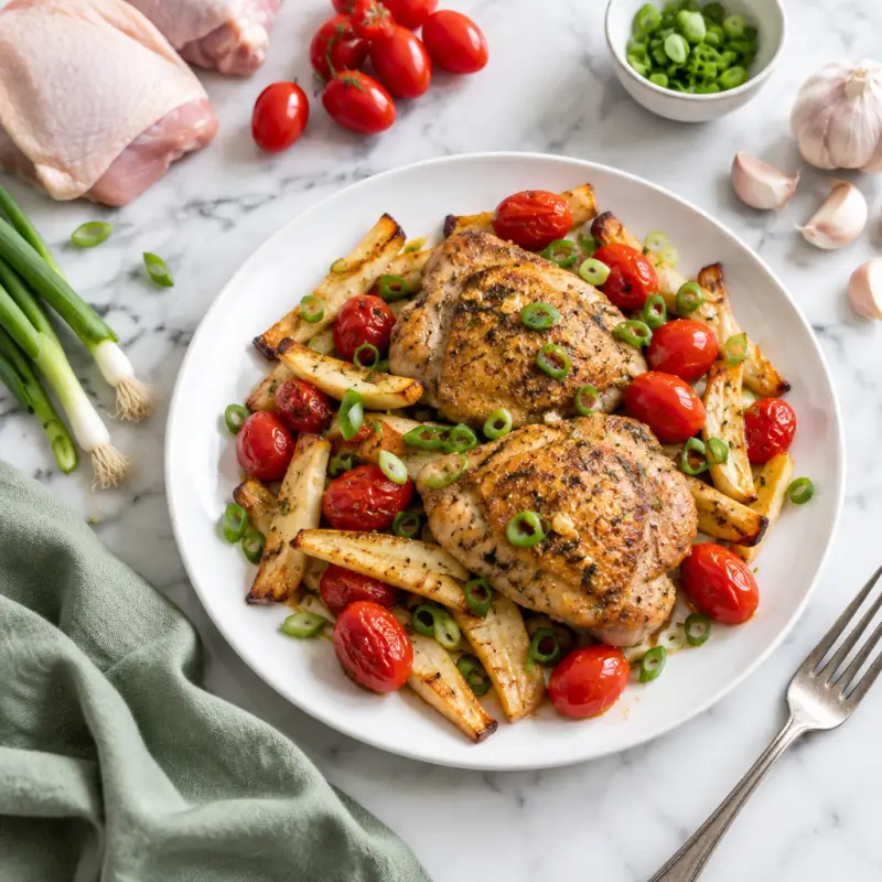 Sautéed Chicken Thighs with Roasted Parsnips & Grape Tomatoes, plated