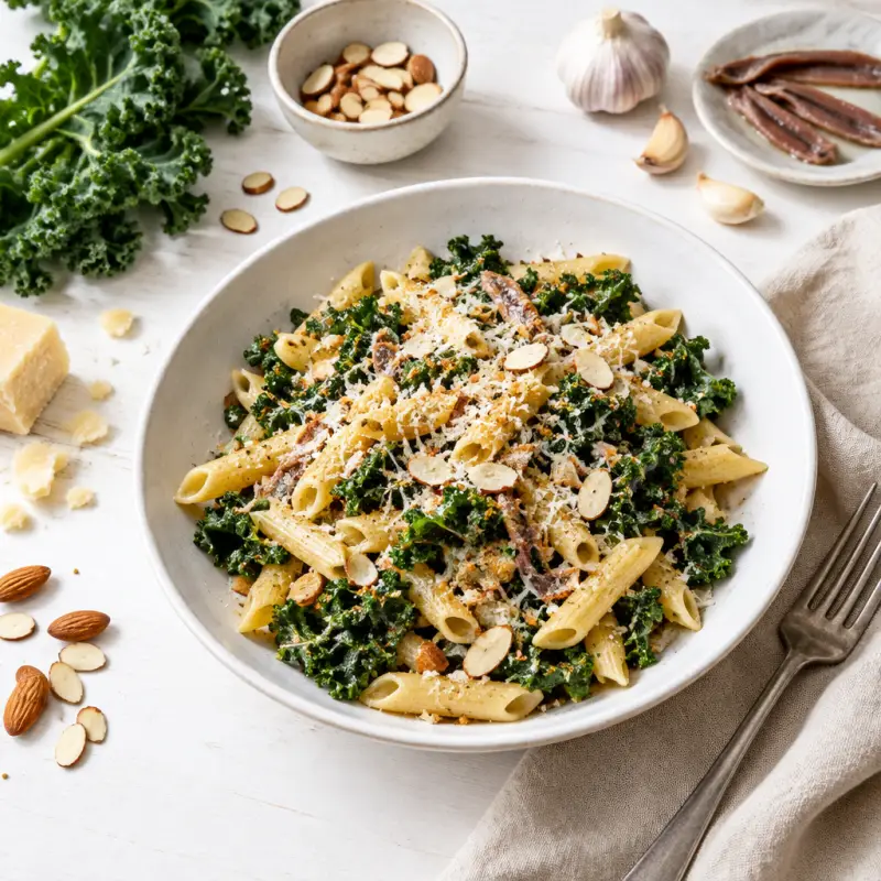 Sautéed Kale "Caesar" Penne with Almonds, Bread Crumbs & Parmesan, plated