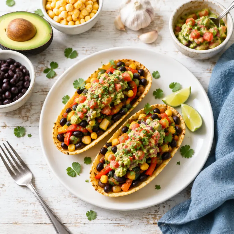 Sautéed Vegetable & Black Bean Tacos Boats with Tangy Tomato Guacamole, plated