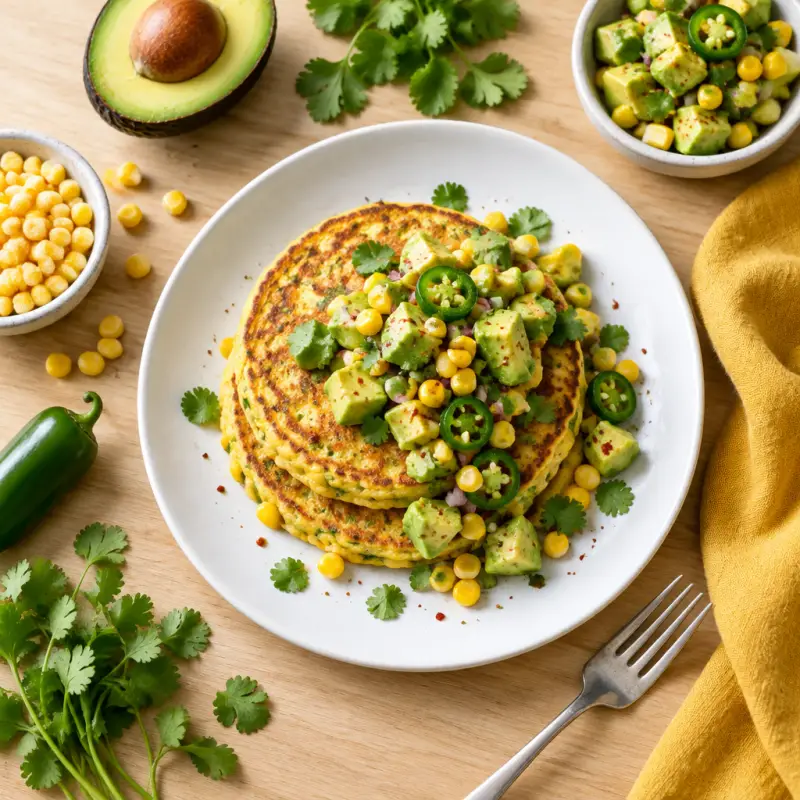 Savory Cornmeal Pancakes with Spicy Avocado Salsa, plated