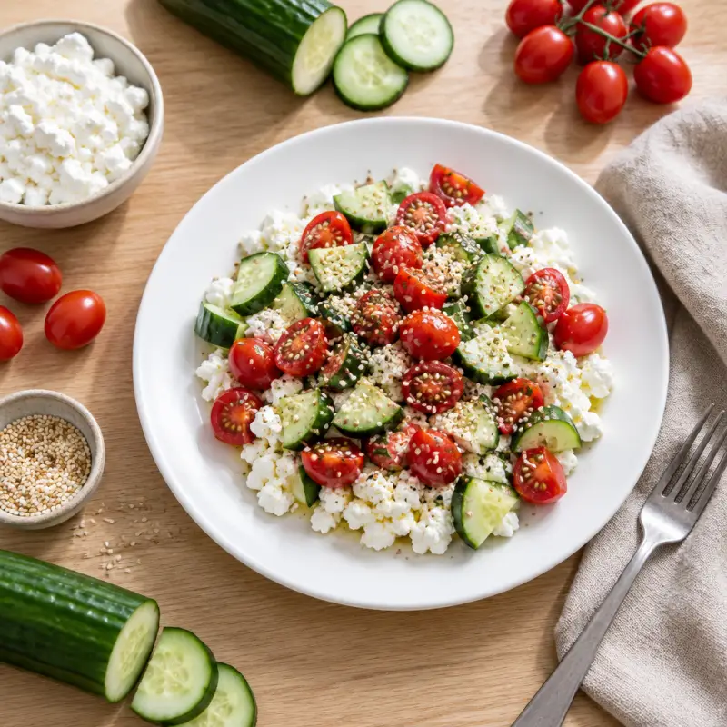 Savory Cottage Cheese with Cucumber, Tomato & Sesame Seeds, plated
