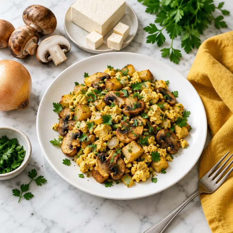 Savory Mushroom & Potato Tofu Scramble, plated