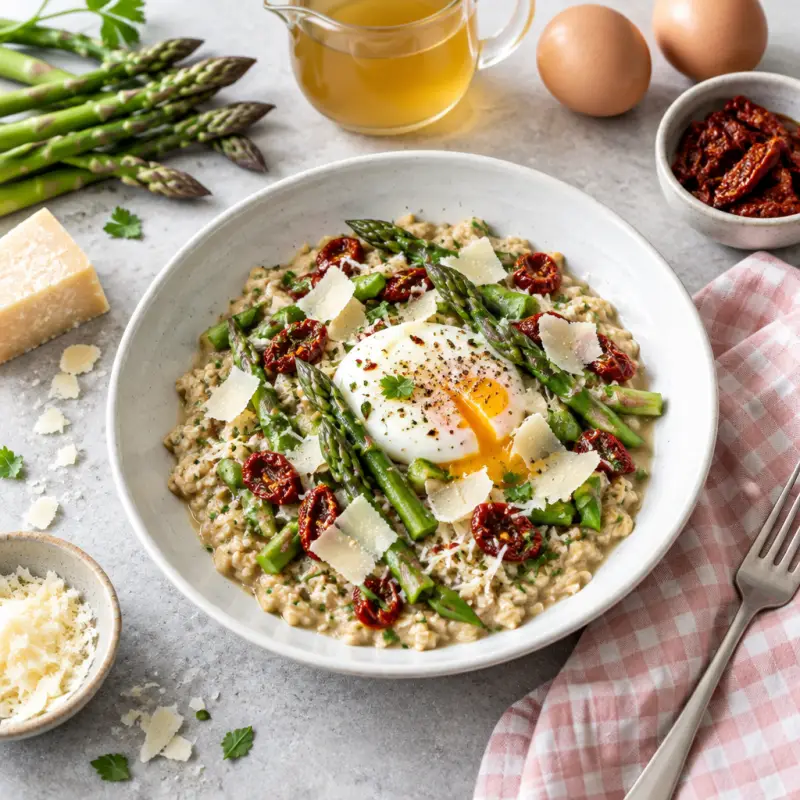 Savory Oatmeal with Egg, Asparagus, Sun-Dried Tomatoes & Parmesan, plated