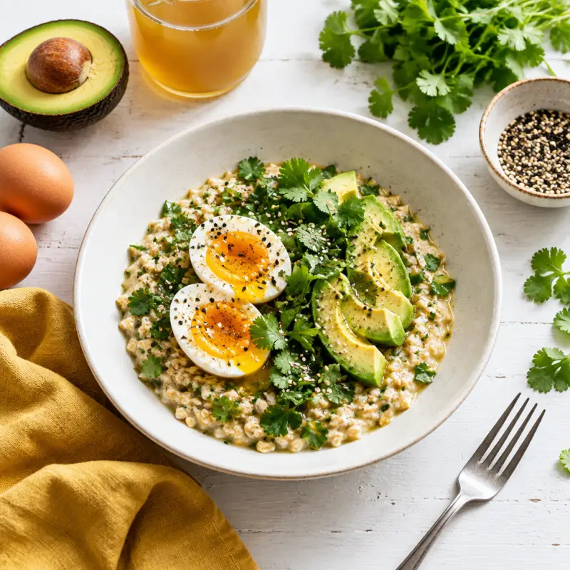 Savory Oatmeal with Soft-boiled Egg, Avocado, Fresh Herbs & Sesame, plated