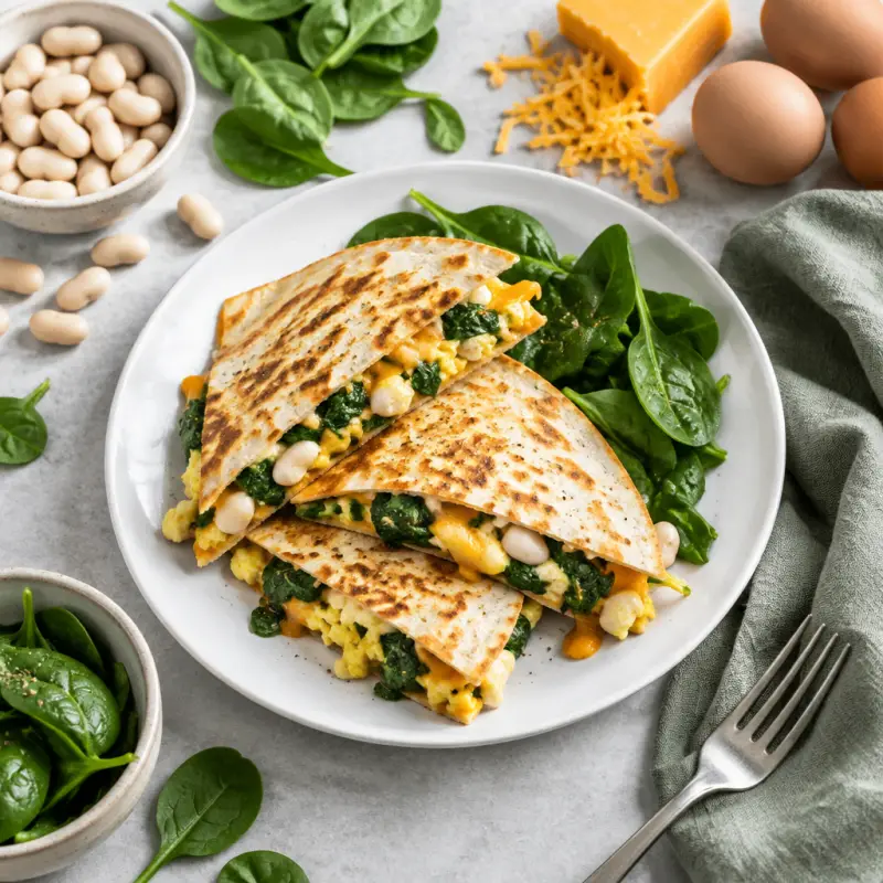 Savoury Spinach & White Bean Scramble Breakfast Quesadilla, plated