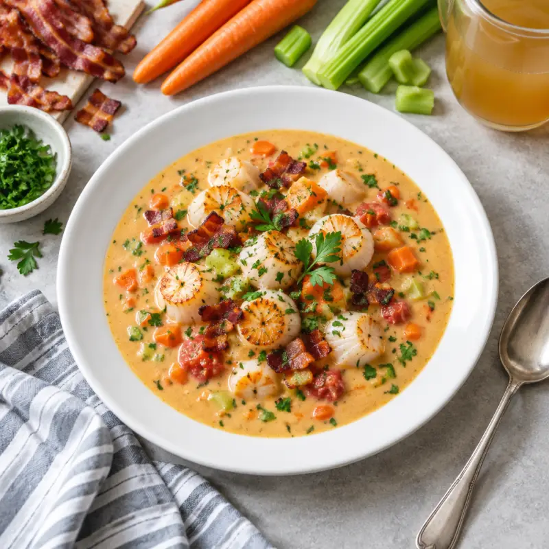 Scallop Bisque with Carrots, Celery, Tomatoes, Parsley & Crispy Bacon, plated