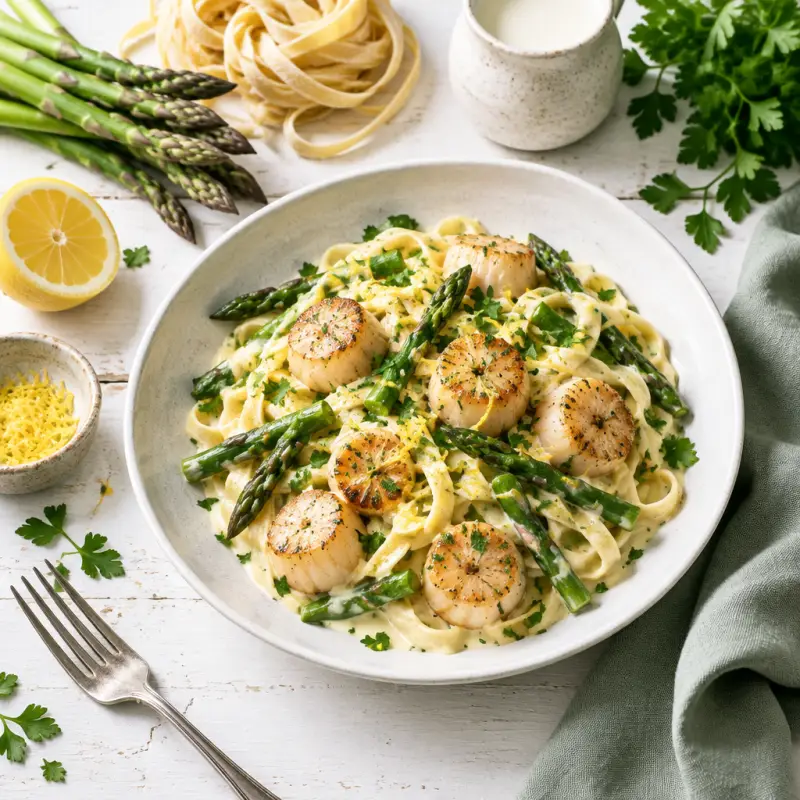 Scallop Fettuccine Alfredo with Lemon, Parsley & Sautéed Asparagus, plated