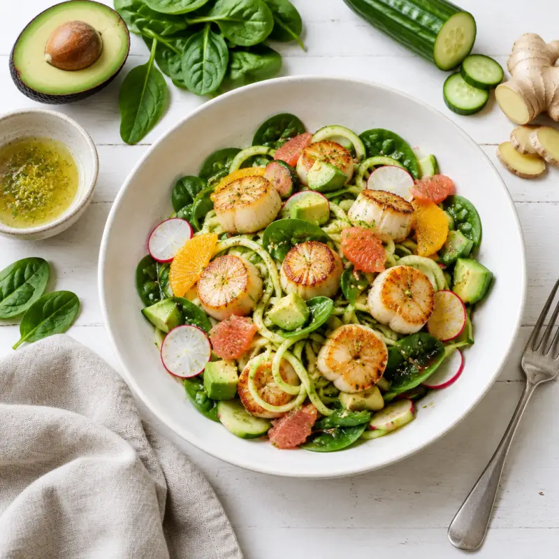 Scallop Zucchini Noodle Salad with Spinach, Radish & Citrus Dressing, plated