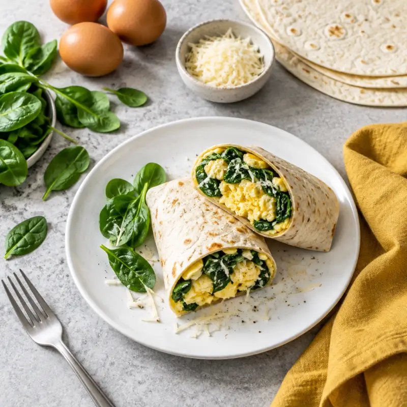 Scrambled Egg, Spinach & Parmesan Breakfast Wrap, plated
