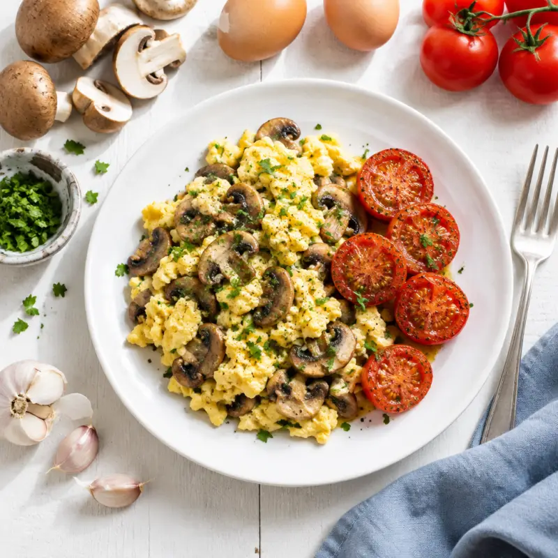 Scrambled Eggs with Mushrooms & Fried Tomatoes, plated